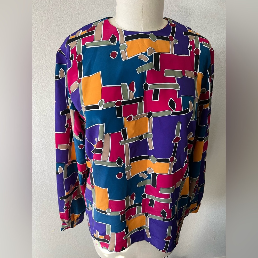 Vintage Colorful Geometric Long Sleeve Blouse